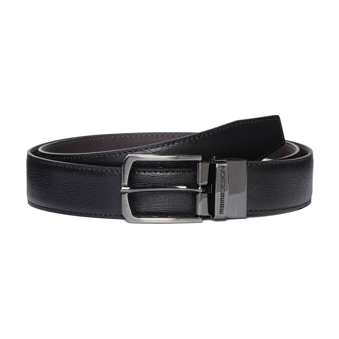 Momodesign Cintura in pelle saffiano nera / blu con fibbia in metallo spazzolato