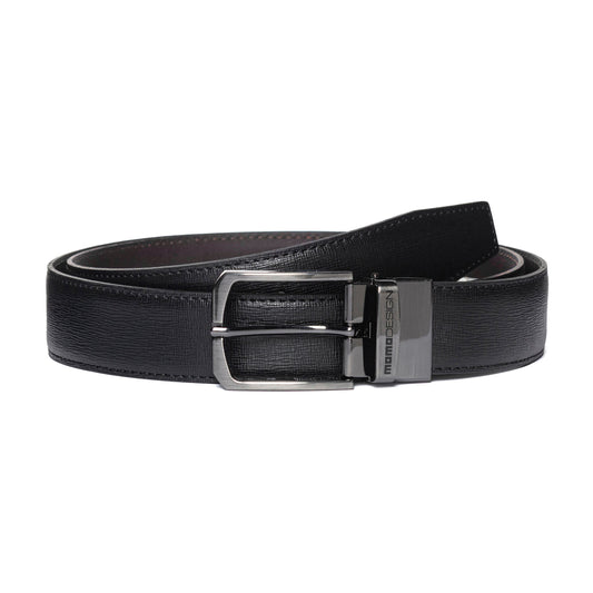 Momodesign Cintura in pelle saffiano nera / blu con fibbia in metallo spazzolato