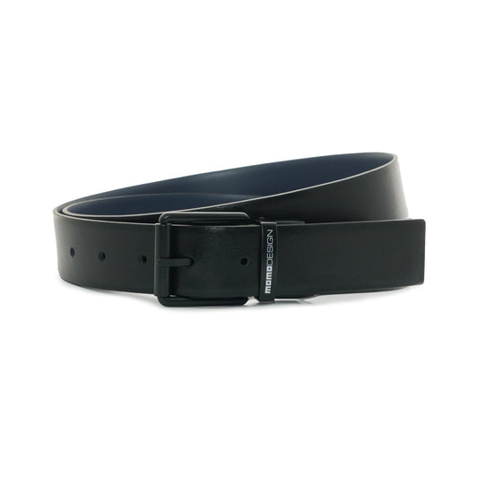 Momodesign Cintura in pelle nera / blu con fibbia nero opaco